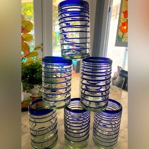 Hand Blown Glass Mexican Tumblers – Set of 6 Cobalt Blue Spiral (14 oz each)